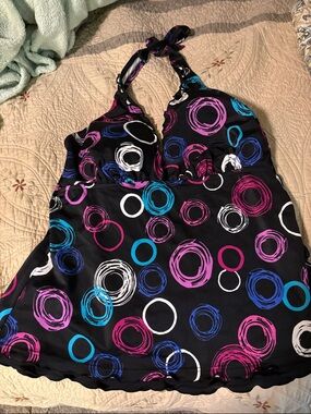 Women’s Black Halter Tankini Top with Pink & Blue Circle Print